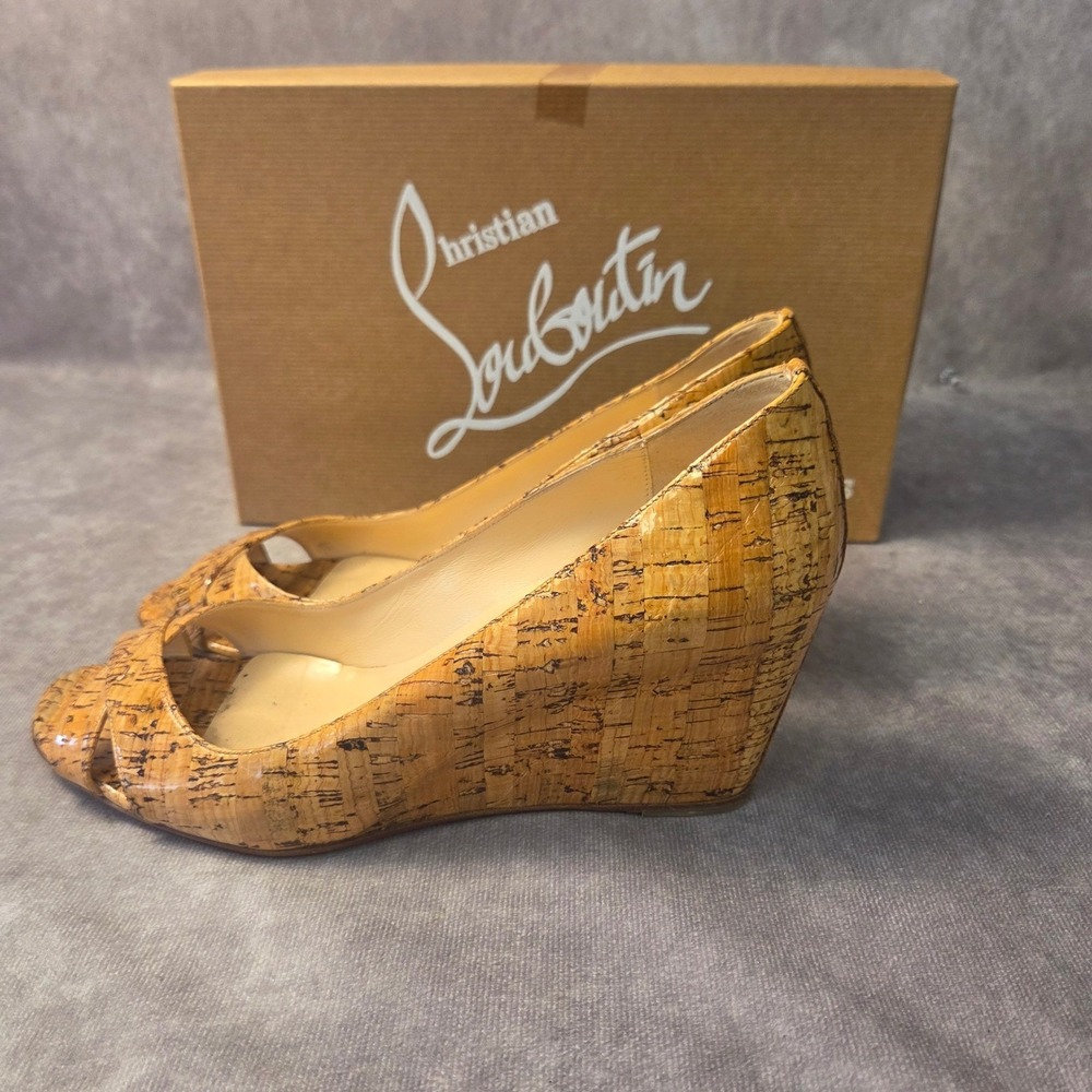 Christian Louboutin Cork Peep Toe Wedge Sandals Red Bottom Shoes Tan 38.5